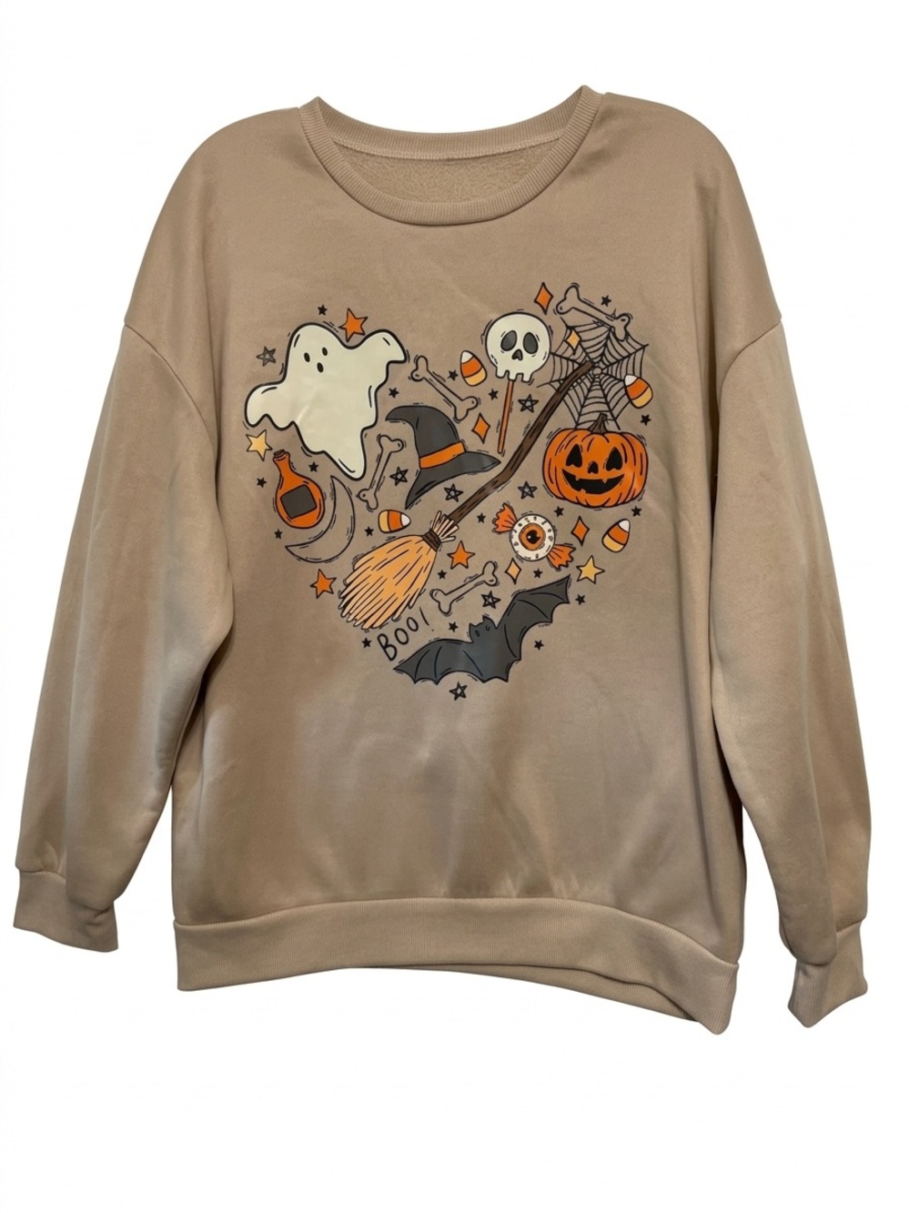 SHEIN Halloween Ghost Pumpkin Heart Graphic Sweatshirt Sand Tan Fleece Cozy Lg.